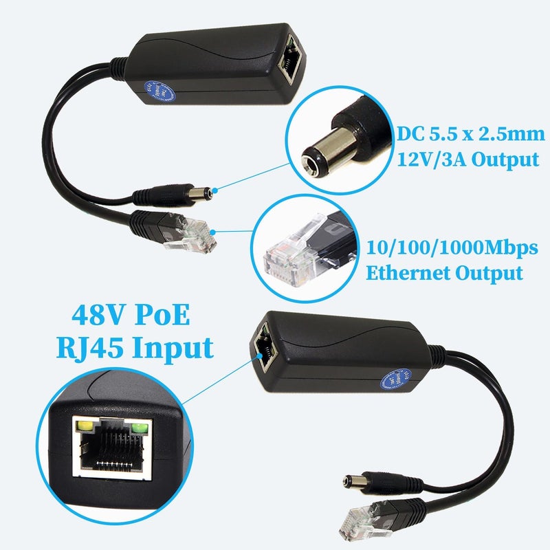 REVODATA Gigabit 36W PoE Splitter 12V/3A, DC 5.5 * 2.5mm Plug PoE to DC 12V/3A Output, Gigabit Ethernet Comply IEEE802.3bt, Plug and Play for IP Camera, Smart Home(PS5712BG-25) - Image 2